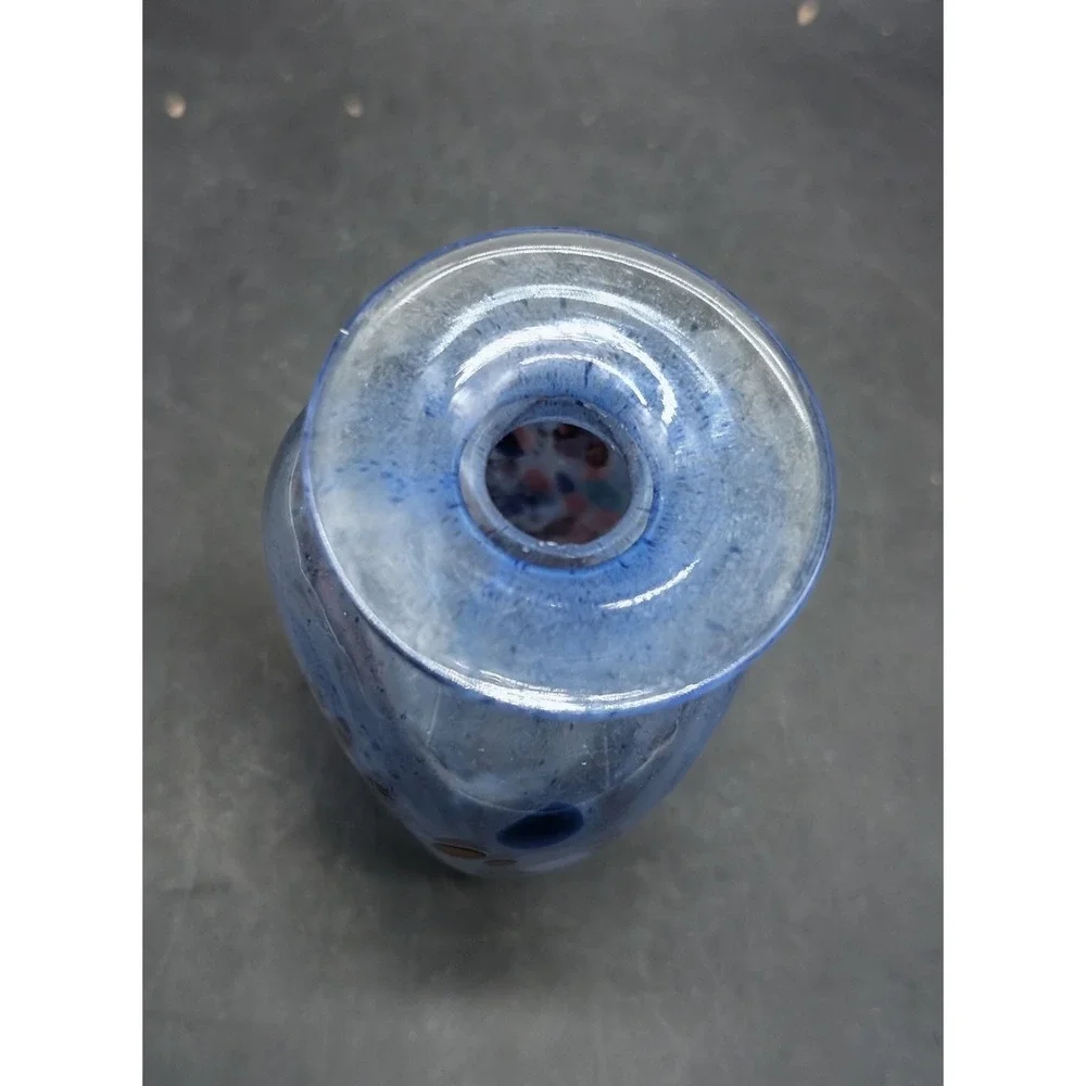 Hand Blown Blue Confetti Art Glass Bud Vase Squared Bulbous Studio Glass 3in